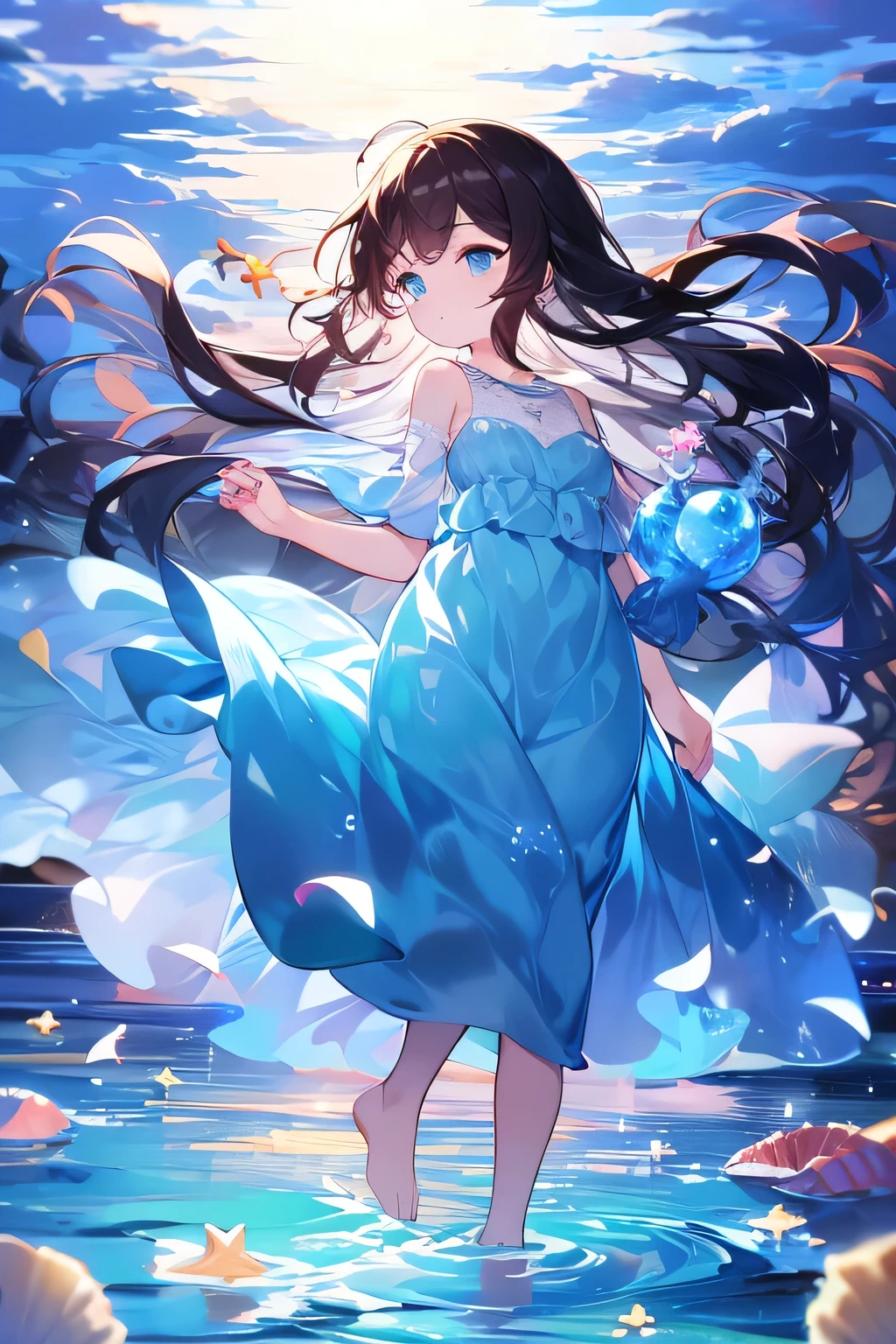 Masterpiece , girl with long dark brown hair, turquoise blue eyes, mermaid ears , short dress blown by the wind color light blue, sea pearls in the hair, dress with several layers of transparent fabric type of dress: sun dress short cantilever party decorated with starfish, seashells and seaweed, hair in the shape of a sea tide, Big breasts, tips of the dress in the shape of sea waves🌊, tips of hair shaped like sea waves like water🌊, holding a floating water ball with both hands, tips of long hair shaped like water, with their backs to the camera, hair made of water