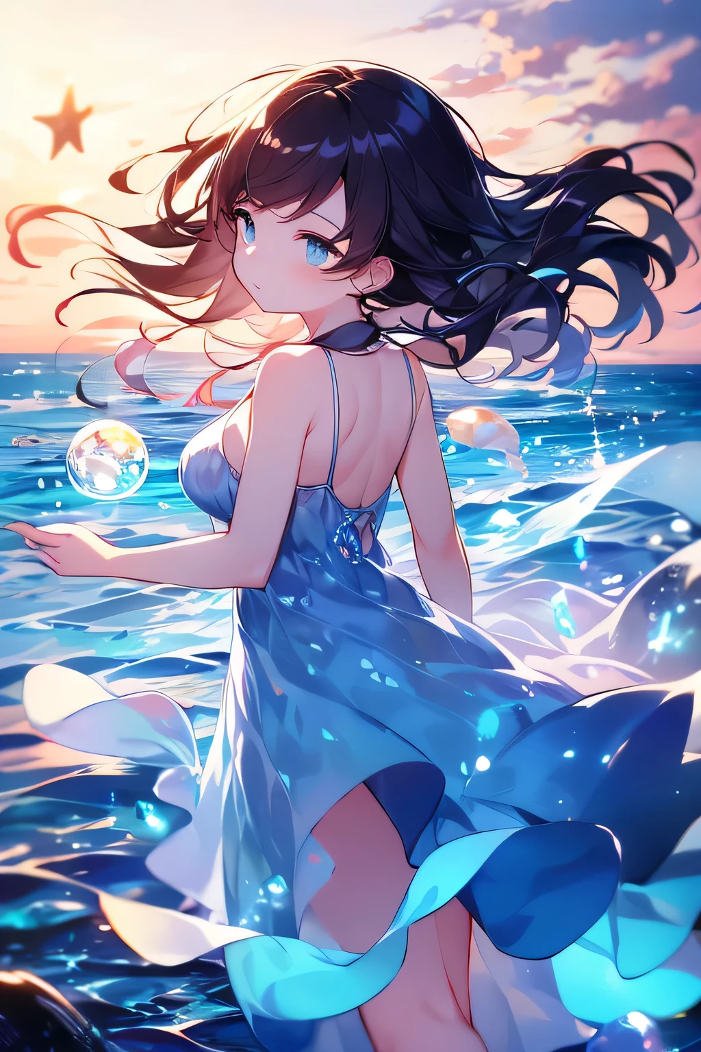 Masterpiece , girl with long dark brown hair, turquoise blue eyes, fish ears, short dress blown by the wind color light blue, sea pearls in the hair, dress with several layers of transparent fabric type of dress: sun dress short cantilever party decorated with starfish, seashells and seaweed, hair in the shape of a sea tide, Big breasts, tips of the dress in the shape of sea waves🌊, tips of hair shaped like sea waves like water🌊, holding a floating water ball with both hands, tips of long hair shaped like water, with your back to the camera, hair made of water