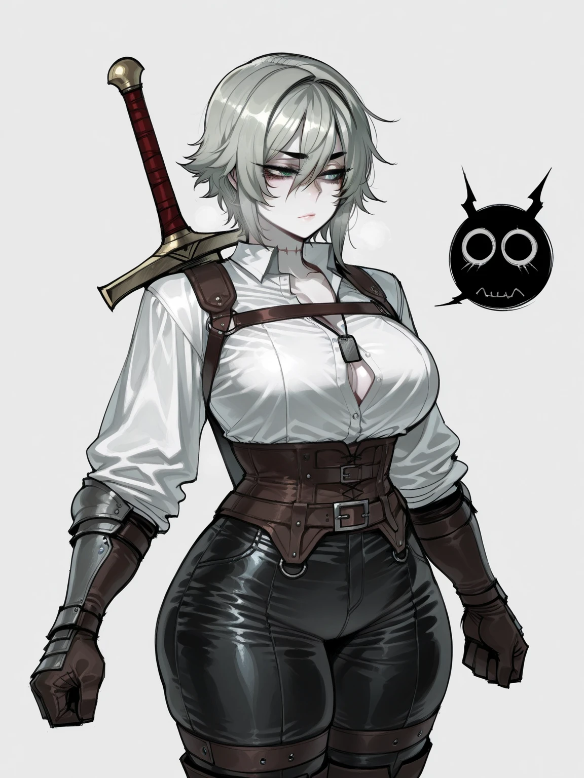 Pale skinned woman with burn scars on her left arm and below her left eye with silver hair, , big hips and silver colored eyes. the character has clothes