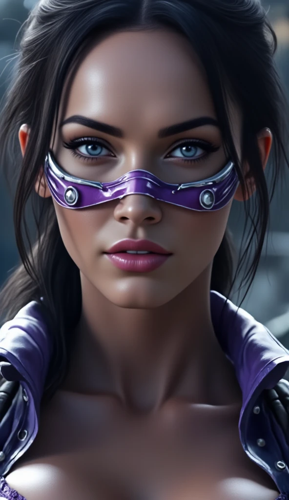 (((ultra realistic))) Photo, masterpiece, top quality, (Pale skin), (Ultra detailed face and eyes.:1.3), 1 girl, adult, on a t-shirt, ((eye makeup, mask)), (big detailed lips), ((rosa hair in a ponytail)), ((Chiolka)) , (natural breasts), Thin waist. ((Posing)), Photoshoot, studio (Soft lighting), (The game of lights and shadows), depth of field, bokeh, (Special attention to leather details.: 1.2), detailed leather texture, skin pores. (Warm frame environment.. Color range: violet, rosa, blue tones), DR, ((film grain)), ((good heavens)), (Glare), ((Photo to the waist, view from above)) , ultra detialed, 