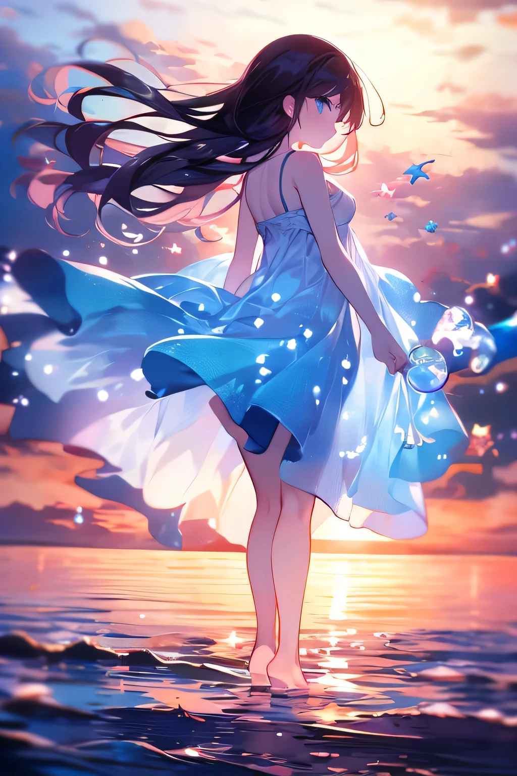 Masterpiece , girl with long dark brown hair, turquoise blue eyes, fish ears, short dress blown by the wind light blue color, sea pearls in the hair, dress with several layers of transparent fabric type of dress: sun dress short cantilever party decorated with starfish, seashells and seaweed, hair in the shape of a sea tide, Big breasts, tips of the dress in the shape of sea waves🌊, tips of hair shaped like sea waves like water🌊, holding a floating water ball with both hands, tips of long hair shaped like water, with your back to the camera, hair made of water