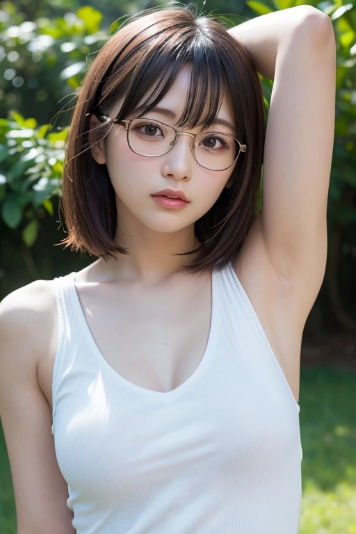 8K, Highest quality, masterpiece, Ultra-high resolution, (Realistic:1.4), whole body、RAW Photos, ((Brown bob hair, See-through bangs))), Beautiful Details 1 Girl, (Realistic:1.4), High-resolution RAW color photos, Dynamic and professional photos, Highly detailed eyes and face, Natural light, Facial details, White, translucent skin, Shiny skin, Tight waist, Small breasts、Small Ass, Thin legs,Natural Breasts, Nice body、((Wearing glasses))、Young round face、Sweaty skin、Running Wear、Rubbing one's groin against the bicycle saddle、Flowing love juice