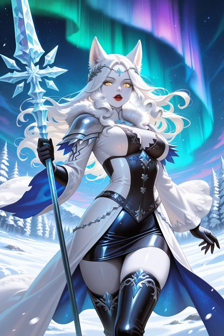 full length view of young smiling female ice demon, wearing heels, with horns, controlling blizzard with her arms and body in dynamic motion, surrounded by blizzard and ice, cold winter themed, hyper detailed, cinematic light, endless melody