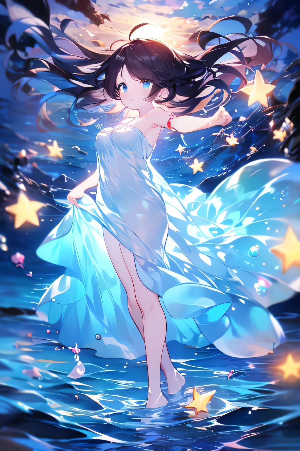 Masterpiece , girl with long dark brown hair, turquoise blue eyes, fish ears, short dress blown by the wind color light blue, sea pearls in the hair, dress with several layers of transparent fabric type of dress: sun dress short cantilever party decorated with starfish, seashells and seaweed, hair in the shape of a sea tide, Big breasts, tips of the dress in the shape of sea waves🌊, tips of hair shaped like sea waves like water🌊, holding with his two hands a floating water ball with an angelfish inside the water sphere, tips of long hair shaped like water, with your back to the camera, hair made of water