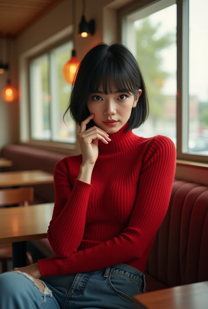 (RAW photo, high resolution, Best quality, masutepiece:1.3), (realistic detail, hyper realisitc, Photorealistic: 1.2), Shot with the Canon EOS R6, Sharp focus, f/1.8, Medium Shot Shot, upperbody shot, 1girl in, Very delicate and beautiful, Beautiful detailed girl, Very detailed eyes and face, Triangular face, Beautiful detailed eyes, (Slender figure, Thin waist), ((Red sweater dress)), During fashion, Earrings, Natural makeup, Pink shiny lips, Sweep fashion shorthair, Perfect style, (low illuminance, sitting in a café), NFFSW, Ultra-realistic, Highest quality, Super detailed