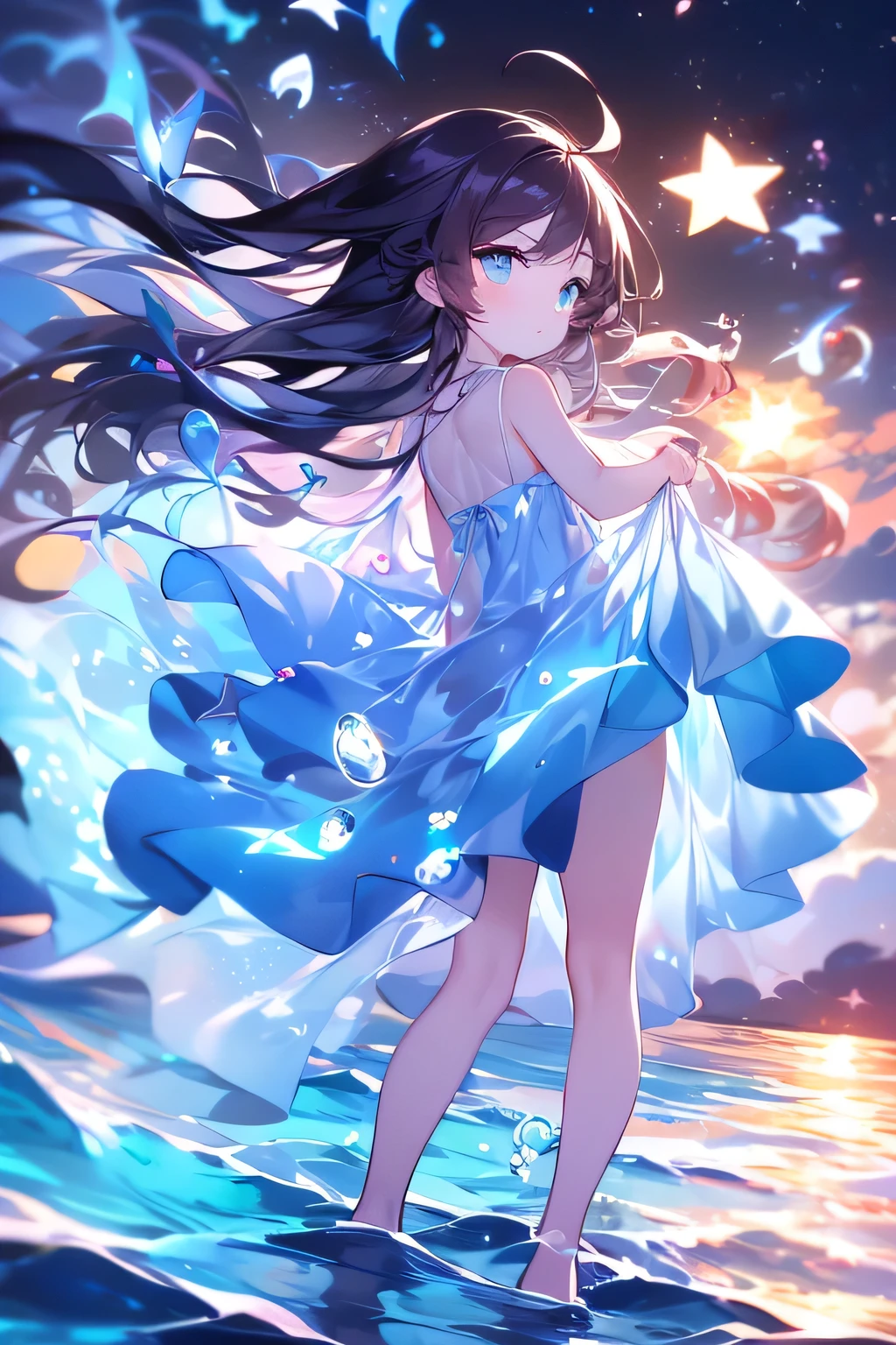 Masterpiece , girl with long dark brown hair, turquoise blue eyes, fish ears, short dress blown by the wind color light blue, sea pearls in the hair, dress with several layers of transparent fabric type of dress: sun dress short cantilever party decorated with starfish, seashells and seaweed, hair in the shape of a sea tide, Big breasts, tips of the dress in the shape of sea waves🌊, tips of hair shaped like sea waves like water🌊, holding with his two hands a floating water ball with an angelfish inside the water sphere, tips of long hair shaped like water, with their backs to the camera, hair made of water