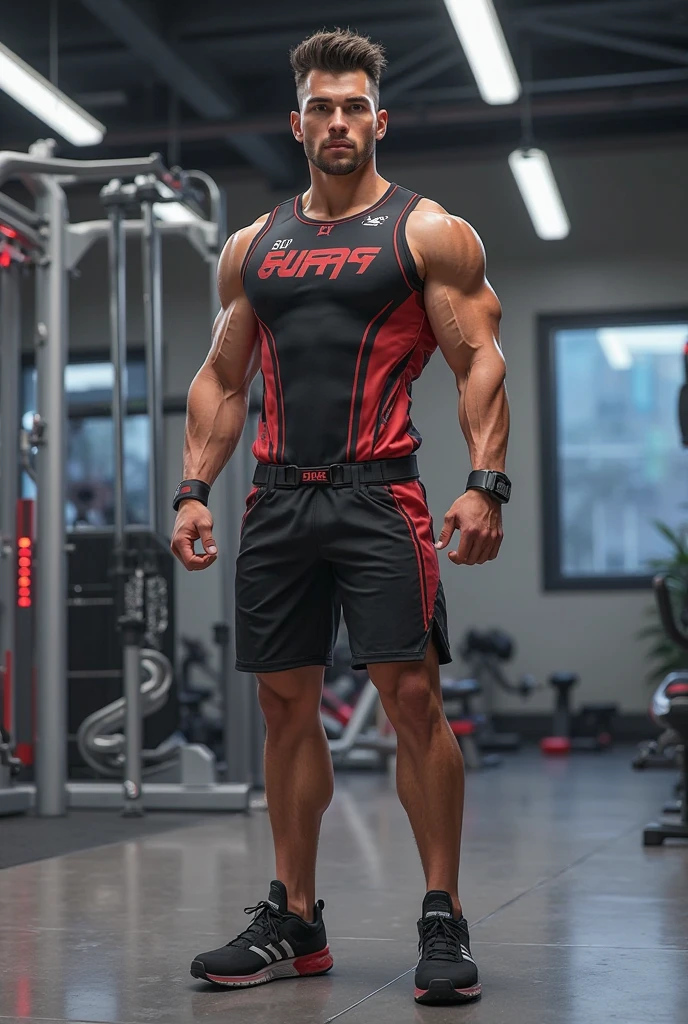 A muscular man wearing pink Adidas sweatpants, pink adidas shoes. He is not wearing a shirt and has a hairy body on his body. wearing a red sleeveless shirt. full body. masterpiece, High resolution, retina, quality, High details, bokeh, Hyperrealism,