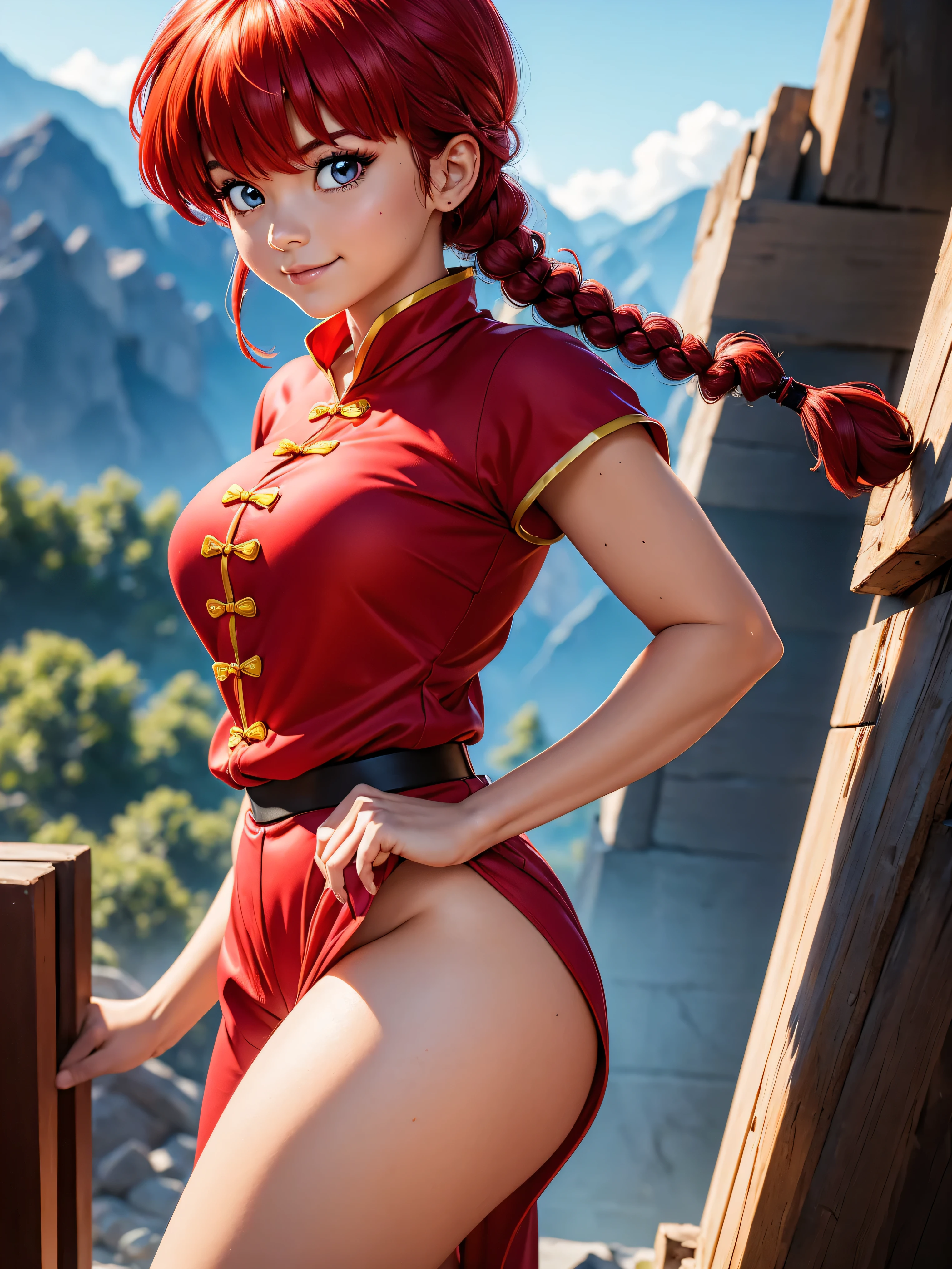 (solo:1.3),1girl(Ranma, main character of anime(Ranma 1/2),cute,sexy,braided brown hair,yellow eyes,red chinese clothes,smile,Ranma Saotome,braids,red hair,single braid,braided ponytail,red eyes,pants,chinese clothes,Chinese bamboo pattern,dynamic kung fu action,purple eyeshadow).background( Ranma's panda,simple china design). BREAK .quality(8k, highly detailed CG unit wallpaper, high resolution, highest quality, highest quality real texture skin, ultra realistic, increase resolution, raw photo, highest quality, highly detailed, wallpaper, golden ratio, high saturation realism, vivid colors, dramatic lighting, convincing storytelling, atmospheric landscapes, captivating atmospheric landscapes, captivating visuals, meticulous details, strong emotions, dreamlike world).