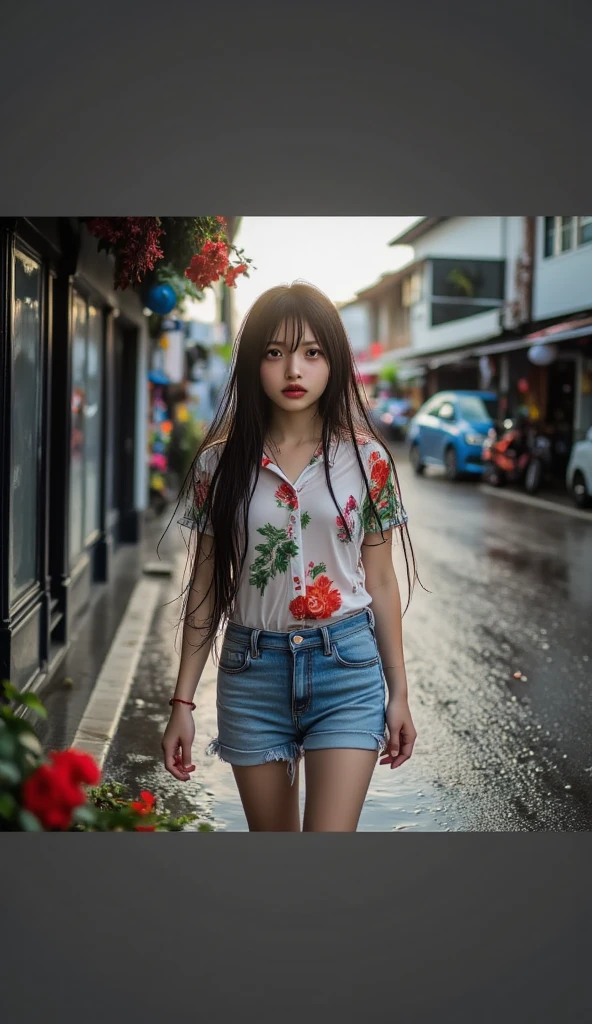 UHD, high quality, high resolution, 8k, Asian women , wearing a white tshirt and jeans pants, standing under the rain falling down slowly, body and hair wet by the rain, looking viewer , sadness, Photos taken with Nikon D750, Photos taken with Nikon D750, Inspired by Li Di, cherry flowering,There are flowers, Cherry blossoms