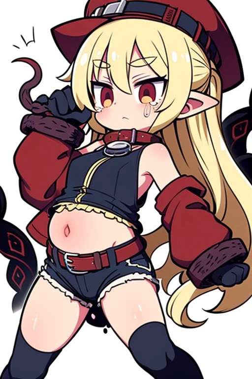 on a wall chained in a brick prison pretty ragged anime characters together over one another over the top of them a hard light blushing lewd face while wearing very tight boots micro leaf bikini, standing an animated figure with white skinny body a bread and a goey goop behind her is speech bubble