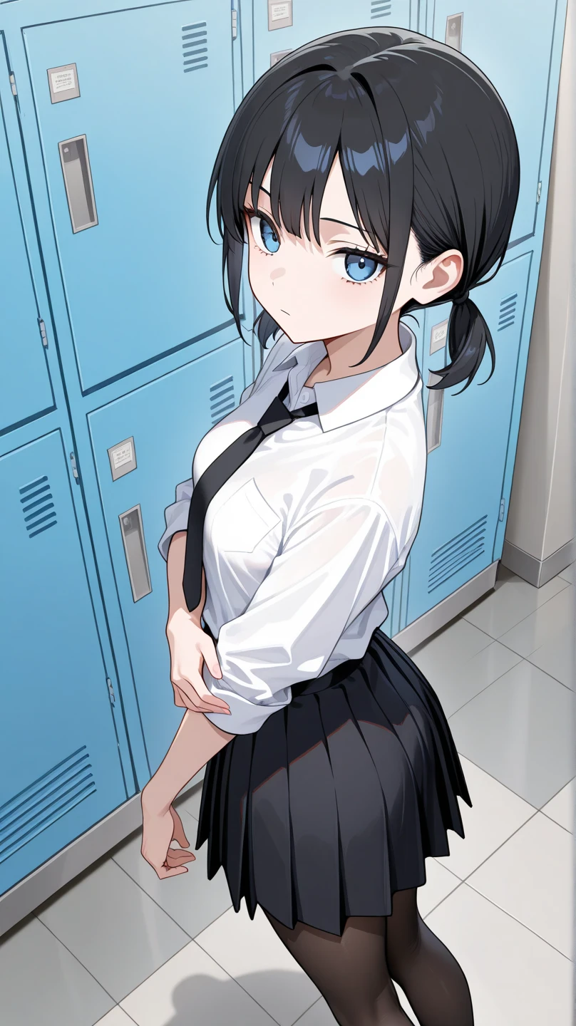 8years old Elementary school girl flat chest A dark-haired a short bob 1 persons Shy smile summer clothing Dark blue school uniform early evening school classrooms Standing in front of a desk Skirt is pulled up White panties for toddlers I can see panties