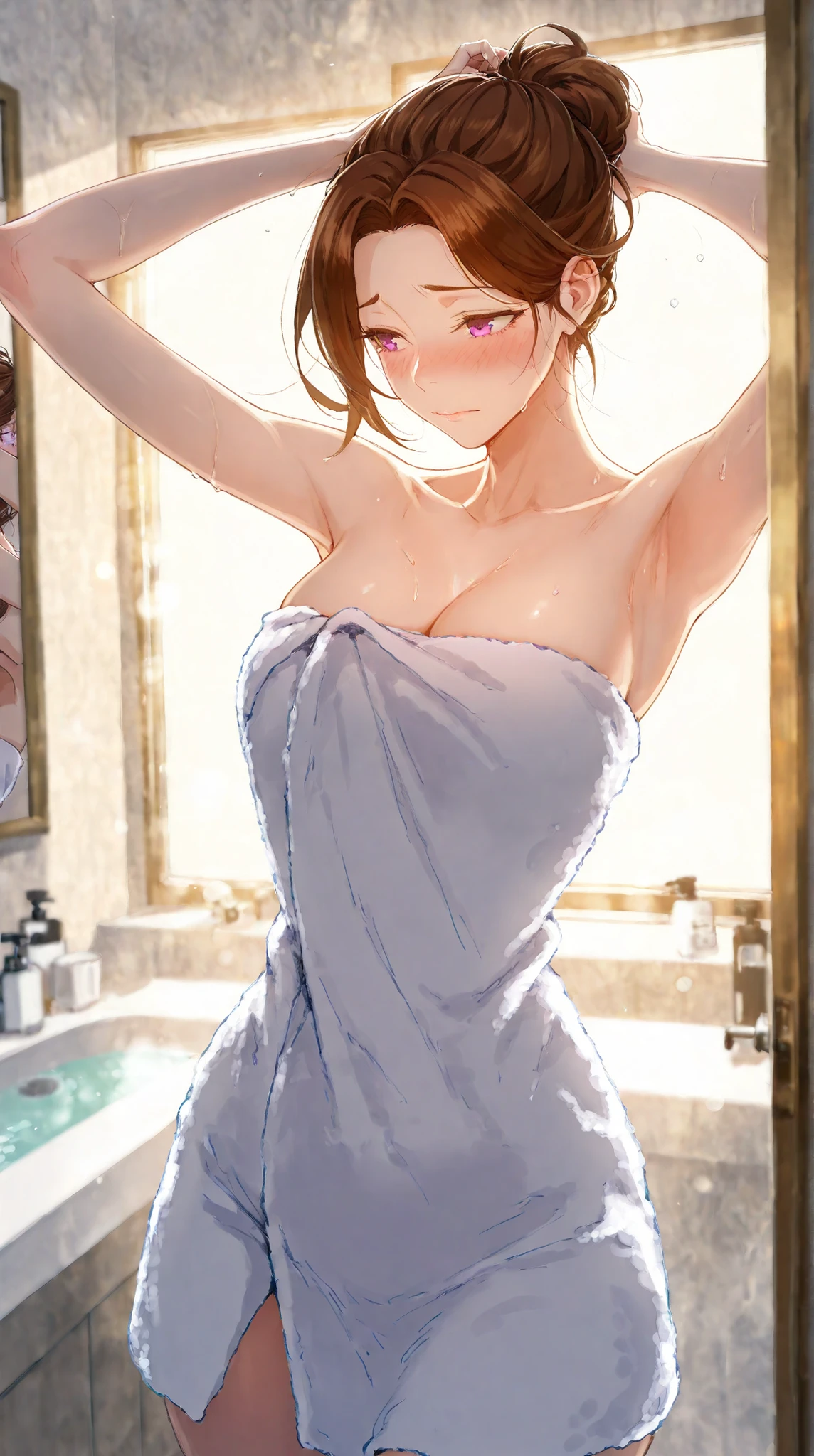 Masterpiece, 1milf, ERO404 style, brown hair, mature female, purple eyes, short hair, single hair bun, (thick eyebrows:0.7), dynamic lighting, ultra detailed, highres, absurdres, home,stunning visual cg, (shy demeanor, bathroom, bath towel, tying hair), medium shot