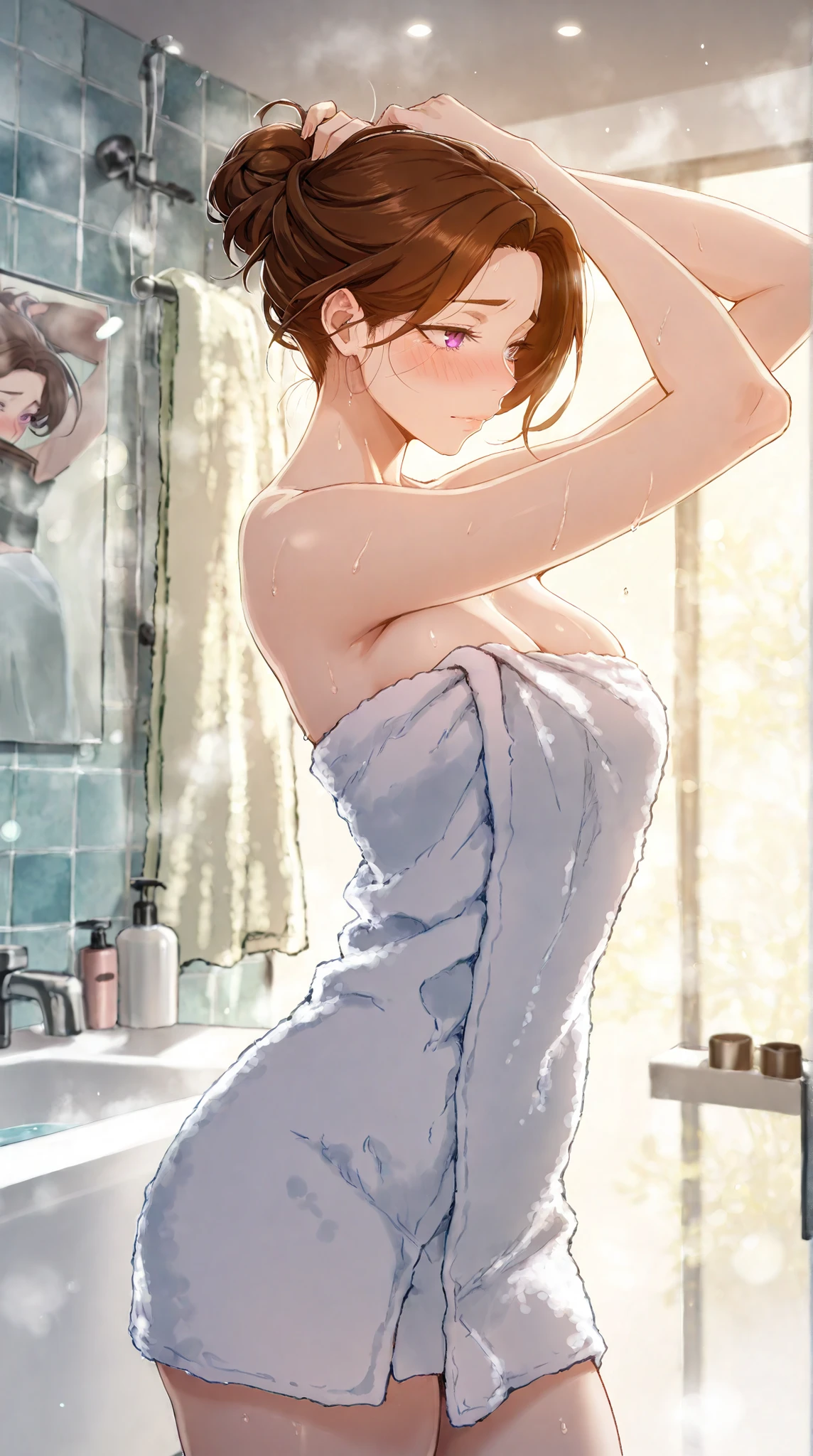 Masterpiece, 1milf, ERO404 style, brown hair, mature female, purple eyes, short hair, single hair bun, (thick eyebrows:0.7), dynamic lighting, ultra detailed, highres, absurdres, home,stunning visual cg, (shy demeanor, bathroom, bath towel, tying hair), medium shot