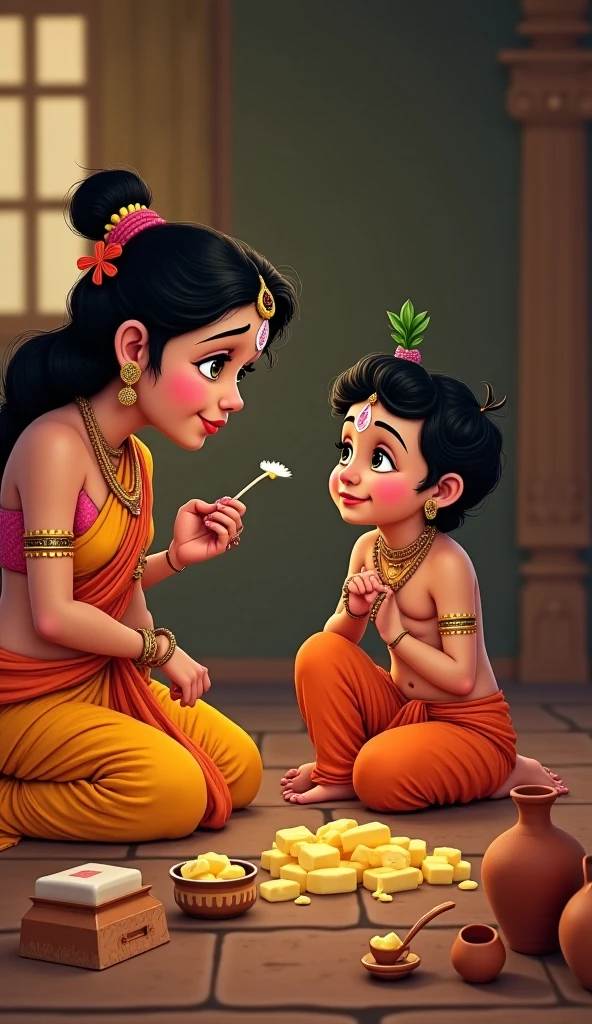 Cute baby lord Krishna trying to run away from his beautiful mother who os trying to catch him, one pot of butter on a plain background