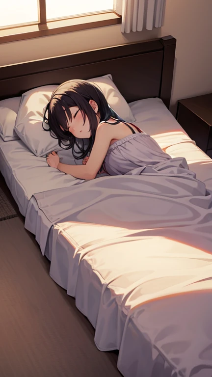 high quality, 最high quality、 Stylish design, (((The cutest girl))), ((Thin legs))、(((最high quality))), High resolution, ((detailed)), ((masterpiece)), ((Super detailed)), 14-year-old girl、Black Hair、Inner Color、((Lying on your back in bed)),((Light clothing,underwear)),((Sexual)),(((Shyness)))