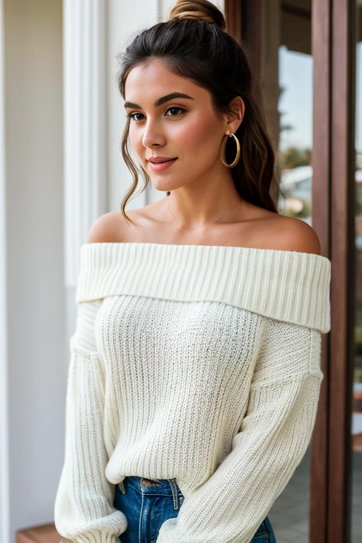 ((best quality)), ((masterpiece)), (detailed), 1girl, off-shoulder sweater, 