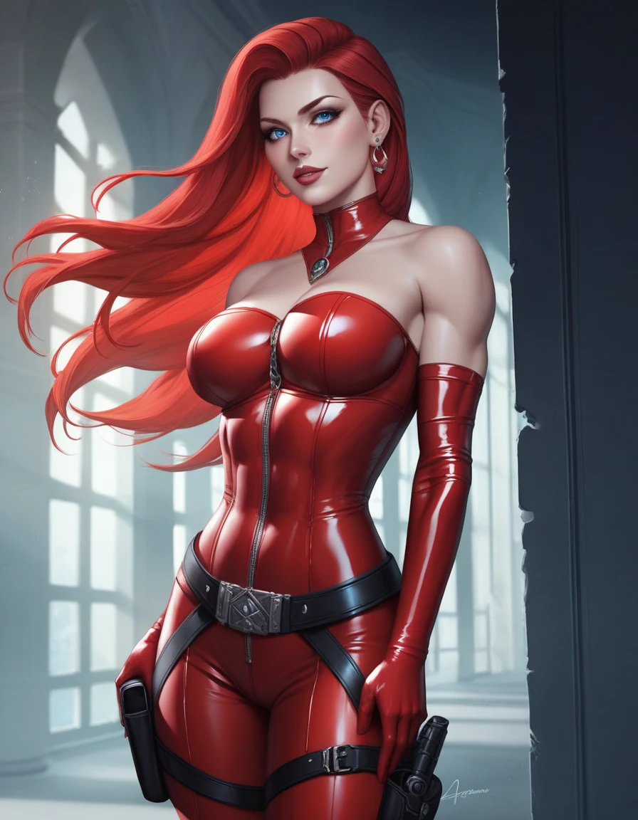 extremely detailed photo of a woman, loraelizabeth, Scarlet Witch, avengers, wearing a black lace dress, open red leather jacket, 8k high definition, raw photography, model photo shoot