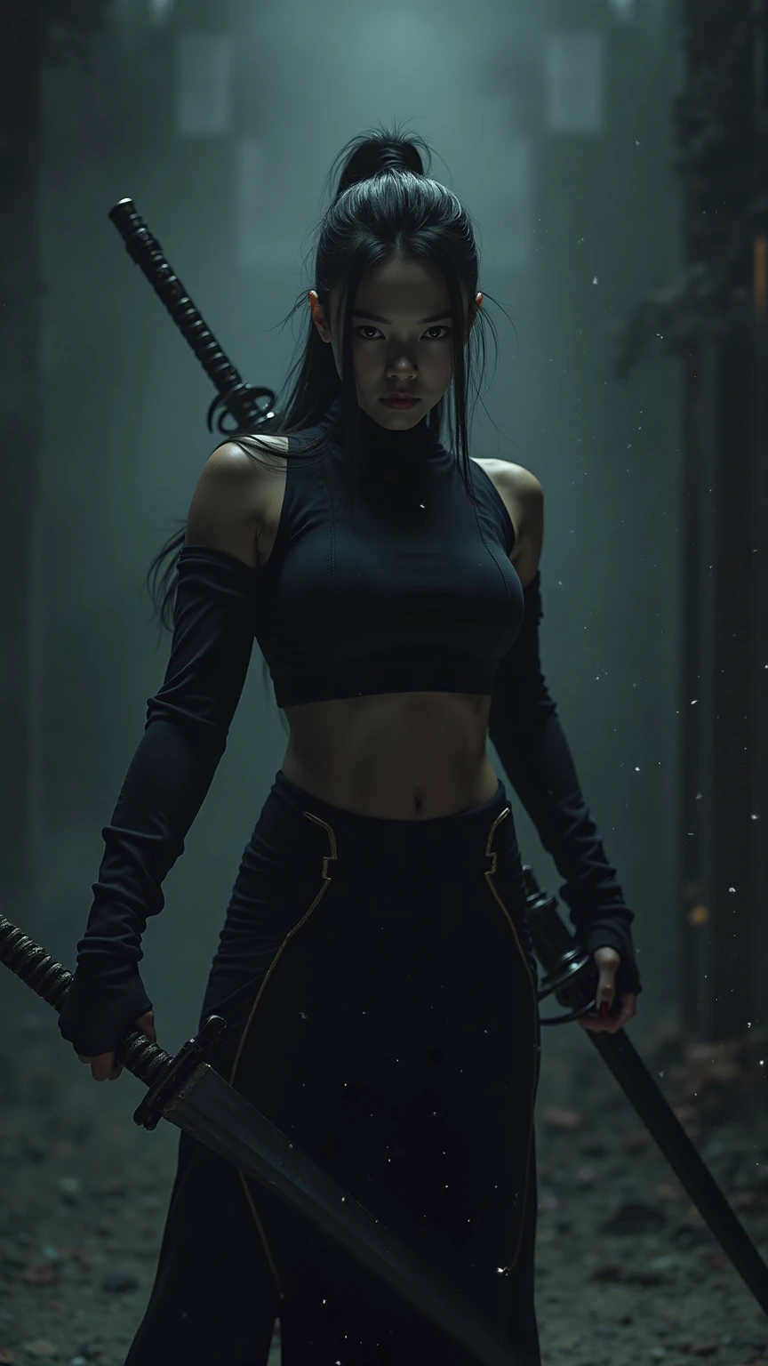 uma linda guerreira ninja cyberpunk mulher ciborgue linda armadura blindada em uma cidade futurista de 8k realista e ultra detalhada