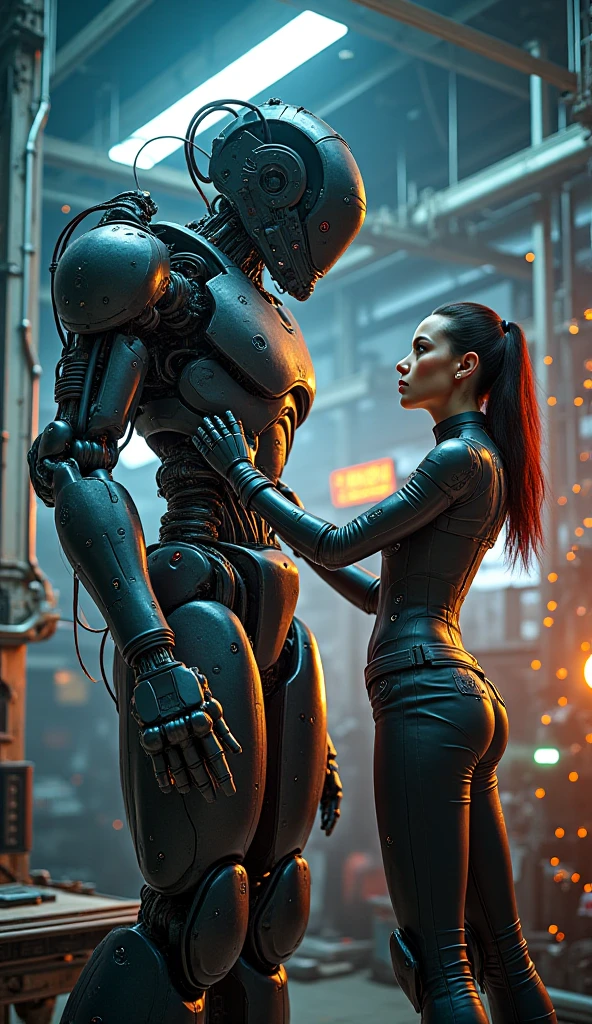 Sexual relationship between a male cyborg and a female cyborg on the roof of a skyscraper, high quality, Best quality, absurdity, masterpiece, Beautiful, complex parts, 1/2 body crops, slender body, Beautiful figure, Magnificent Anatomy, (complex parts:1.12), HDR, (complex parts, hyperdetailing:1.15), (natural skin textures, hyperrealistic, soft light, spicy:1.2)