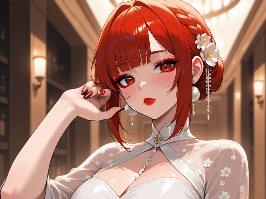 ultra realistic, masterpiece, adult girl, portrait, beautiful body, mysterious, rich ginger eyes, deep eye shaping, shine eyebrows, lip gloss, narrow nose, rich red hair, heart bun, perfect hair, intricate cleavage robe, pink outfits