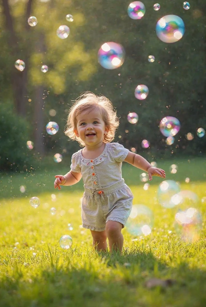 A five-year-old French girl，Beautiful facial features without makeup，Wear a white dress，hair，Playing bubbles on the grass，Smile happily，There are many bubbles floating in the air，sunny，Background with sunlight and trees，Full body portrait，Small fresh style，Ultra-realistic image quality，Super fine details，Commercial Photography