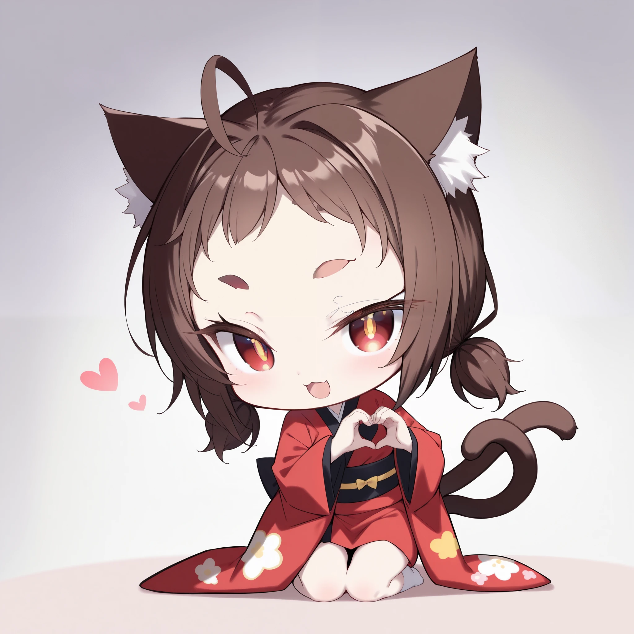 score_9, score_8_up, score_7_up, (solo, 1girl, nekomata, red eyes, dark brown hair, low twintails, short twintails, very short bangs, cat ears, white fur inside cat ears), (((chibi, , thin, petite, short body))), (red kimono), kneeling, heart hands, ((two cat tails:1.2)), cute face, big eyes, cat eyes, eyelashes, lower eyelashes, (((gold pupils))), short and thick eyebrows, blash, smug smile, open mouth