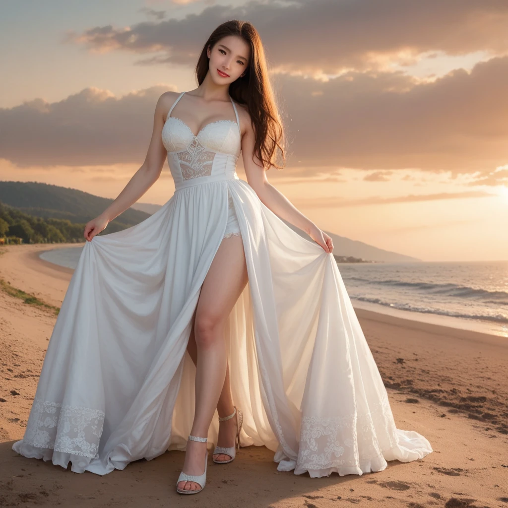 (obra maestra: 1.2, mejor calidad), ( Panoramic portrait), (1 chica, solo, todo el cuerpo: 1.2), Ropa: maxi vestido fluido blanco transparente, sombrero de ala ancha, sandalias de tiras, Accesorios: collar de conchas, Cabello: ondas de playa sueltas, Maquillaje: natural, piel resplandeciente, Comportamiento: relajado, despreocupado, riendo, sonriendo, free-spirited, Location: playa, resort, festival al aire libre, ojos verdes, tetas enormes, walking towards the camera,