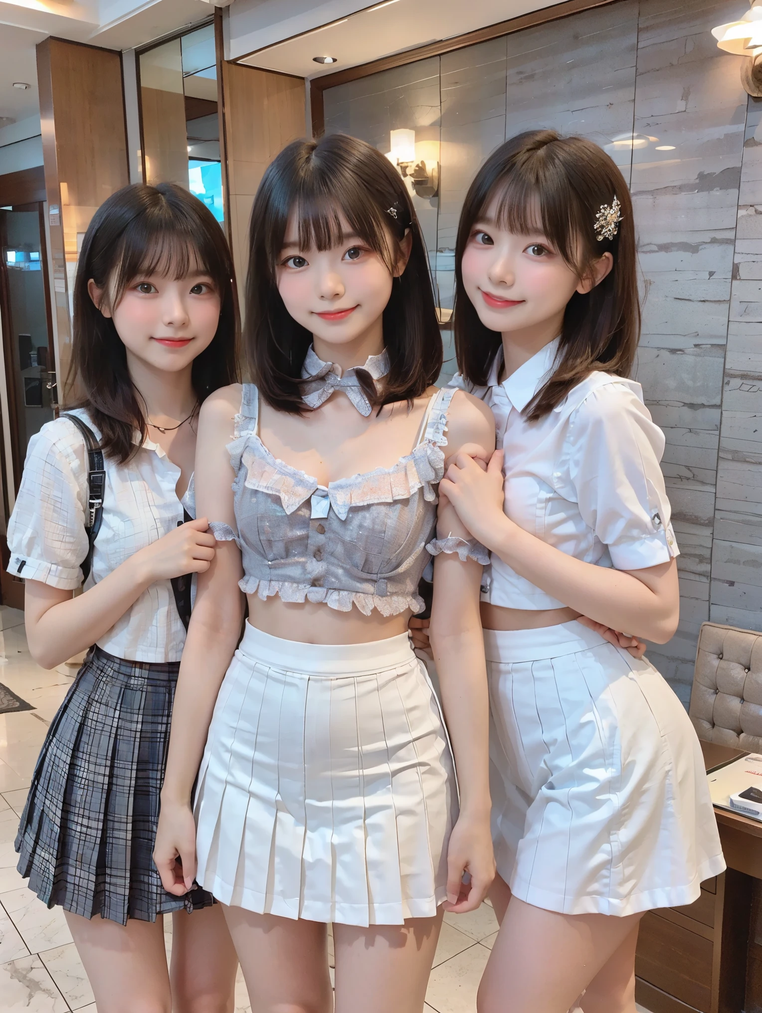 ((two girls:1.5)), (two girls standing), (((the girl on the right has small chest:1.5))), ((The girl on the left has big breasts)), ((The girl on the left has short hair, the girl on the right has brown long hair, the girl on the left has a cool expression, the girl on the right has a cute expression)), (((white bustier, Pleated skirt))), ((pale skin:1.3)), (smile, baby face:1.3), hotel reception, lovehotel, night time, thighs, (top-quality), Realistic, (real picture, Intricate details), natural skin texture
