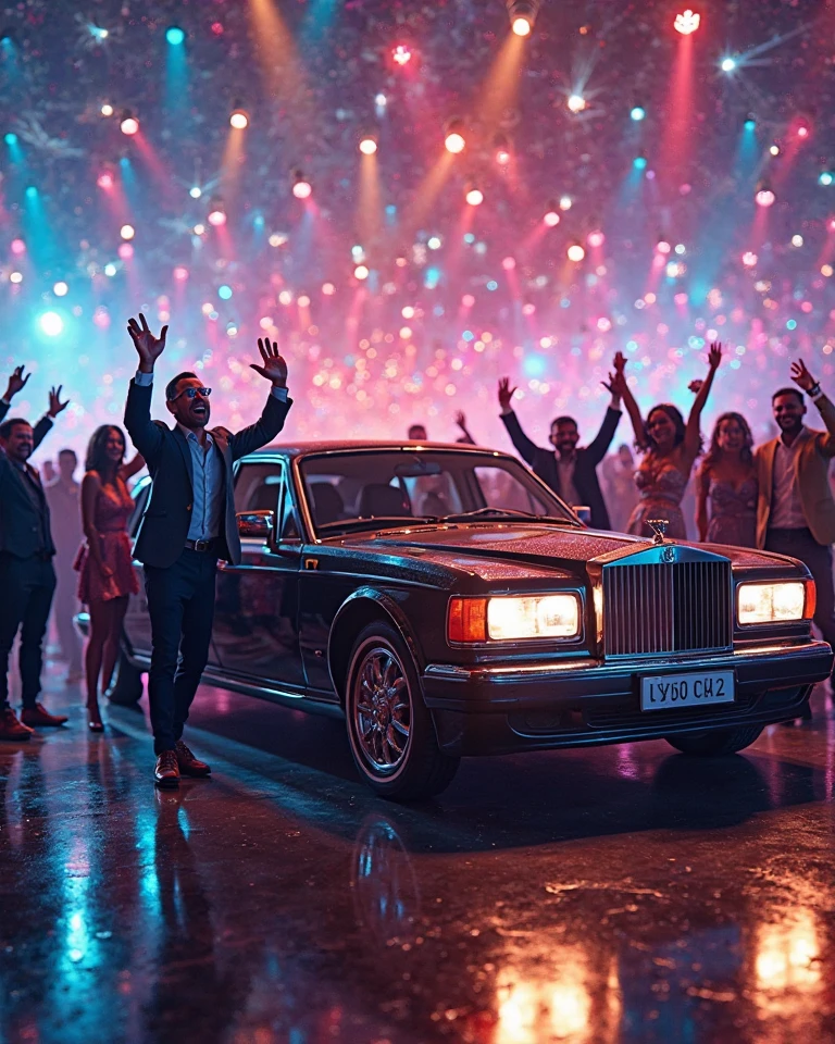 un grupo de personas, A 25-year-old girl in a tight blonde dress with flirtatious short hair, A 35-year-old man guards security with a beard of brown hair, a 25 year old man, In a photo studio sitting in a Ferrari, vestidos tipicos, with headphones to listen to music
