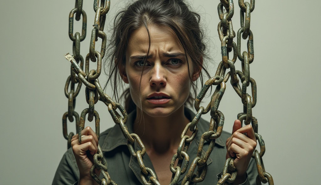 . Avoid Debt and Manage Resources Wisely (Proverbs 22:7)
A realistic image of a person trapped in chains made of dollar bills, symbolizing financial slavery through debt, with a concerned expression on their face.