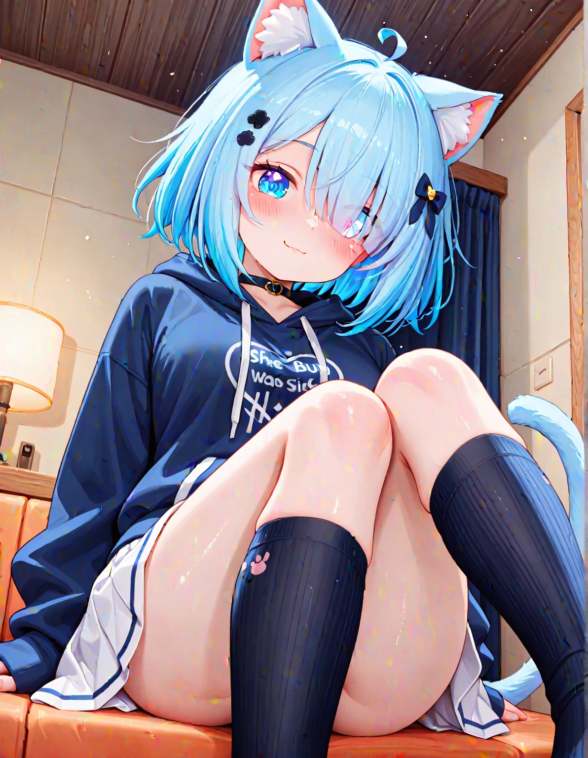 Light blue hair and sweatshirt,Cute and seductive girl,, Blue pupils Blue hair short hair, white stockings,Short blue skirt,,adolable,cat ear,Be red in the face,The expression is shy,White panties