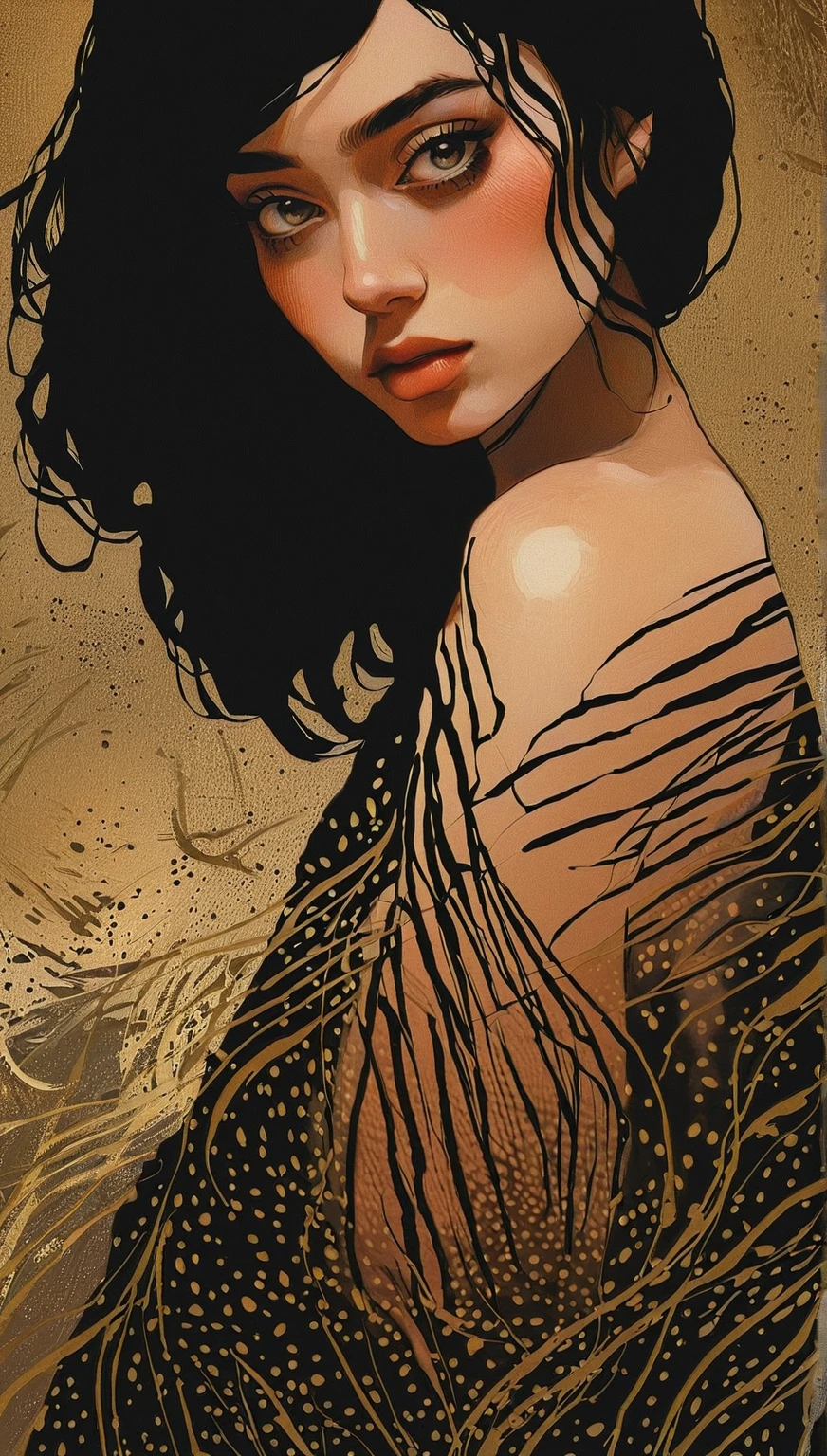 a sexy girl in the middle of a wheat field, serious, stare, dark clouds, eroticism, sexy image, black and white, between shadows, oil painting, chiaroscuro, sensual lighting, dramatic, moody atmosphere, photorealistic, intricate details, masterpiece, ultra-detailed, high quality, 8k, best quality, realistic, cinematic, dark and brooding, expressionist, powerful composition, emotional impact, art inspired by Dave McKean