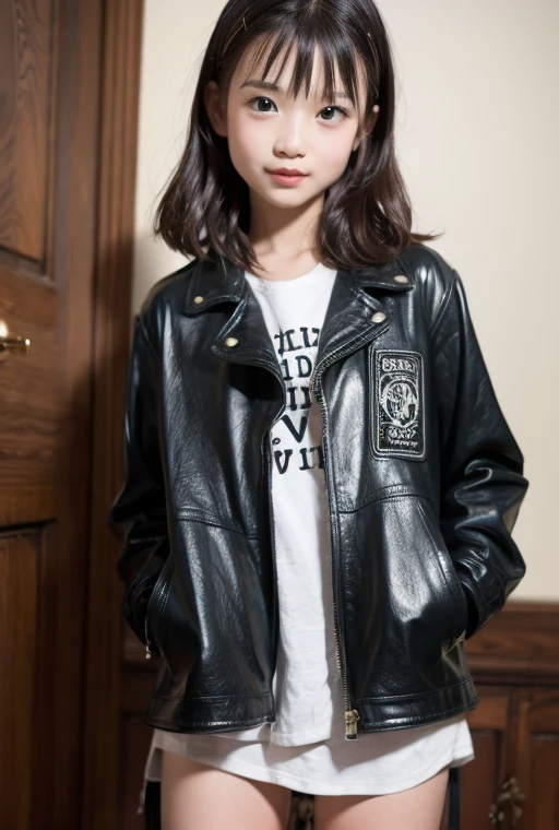 One Girl, (Boyish Girl,Delicate girl:1.3),Black leather jacket,Denim pants,Short Hair,cap,Black socks,White T-shirt,Black belt,
