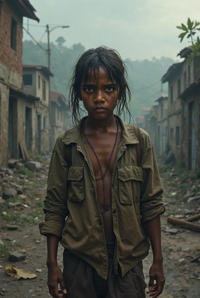 An image of a dark-skinned boy with curly hair and very dirty skin and clothes looking like a homeless person