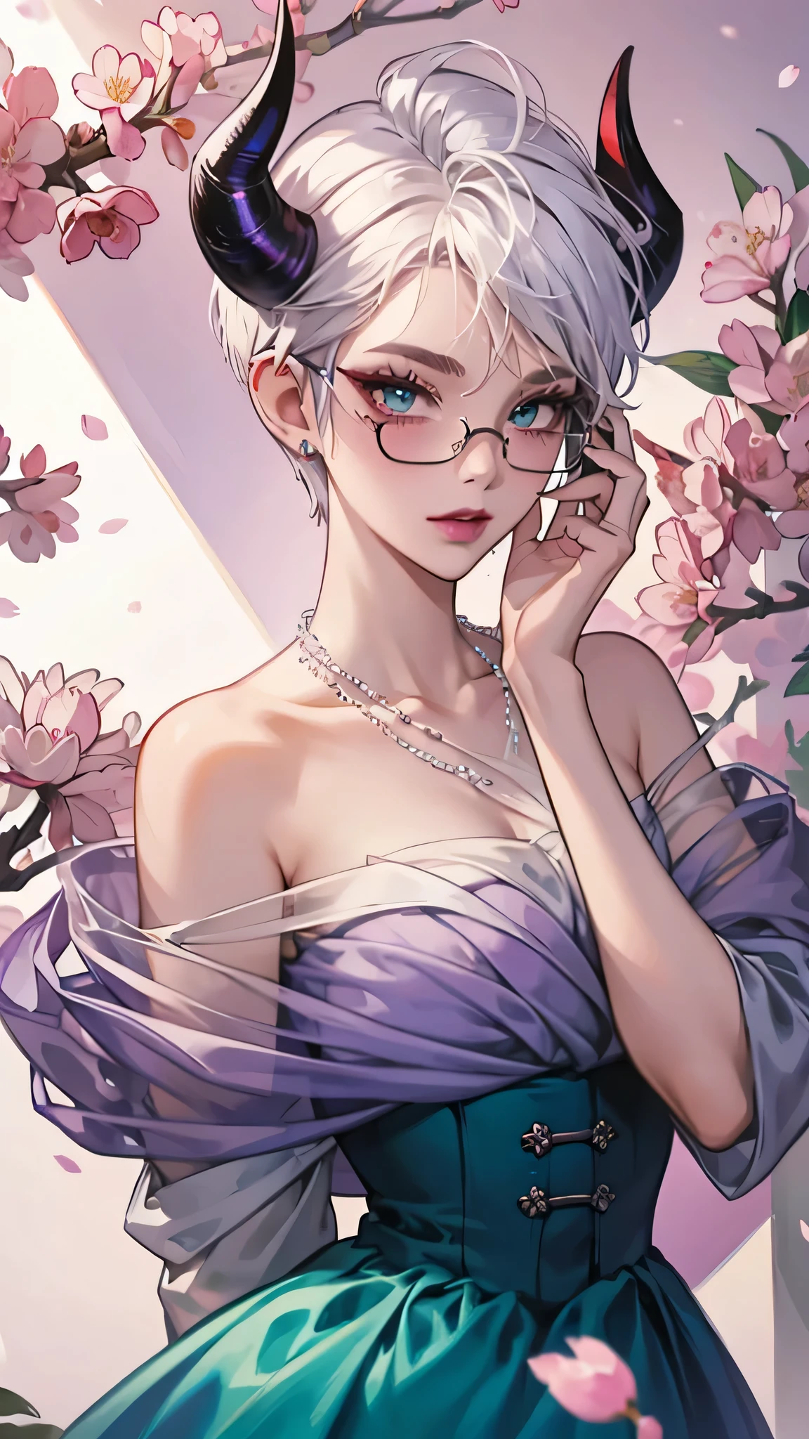 8k, masterpiece, best quality, highly detailed, 1 girl, devil, demon horns, pixie cut, white hair, multicolored hair, very short straight hair, red highlight hair on white hair, stippled hair, wearing glasses, round glasses, earrings, red eyeshadow, long eyelashes, winking, hand crossed, blushed cheek, purple lips, pearl necklace, rings, collarbone, mole on face, glamorous, teal and purple clothes, naval piercing, rings, looking at viewer, standing pose, exposed nape, spring, cherry blossom, see-thru, office costume, laced.