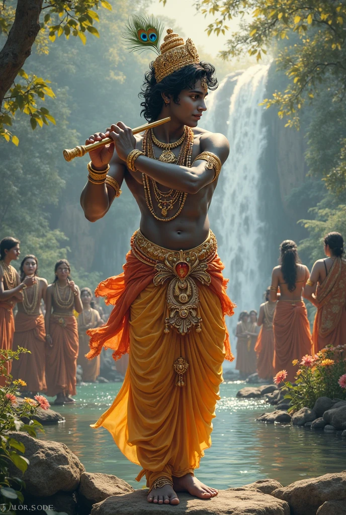 Lord krishna with full Black tone sitting on rock casually 
in a dusky red hot climate with a smile with a flute in his one hand  with an amazing aura without any makeup
