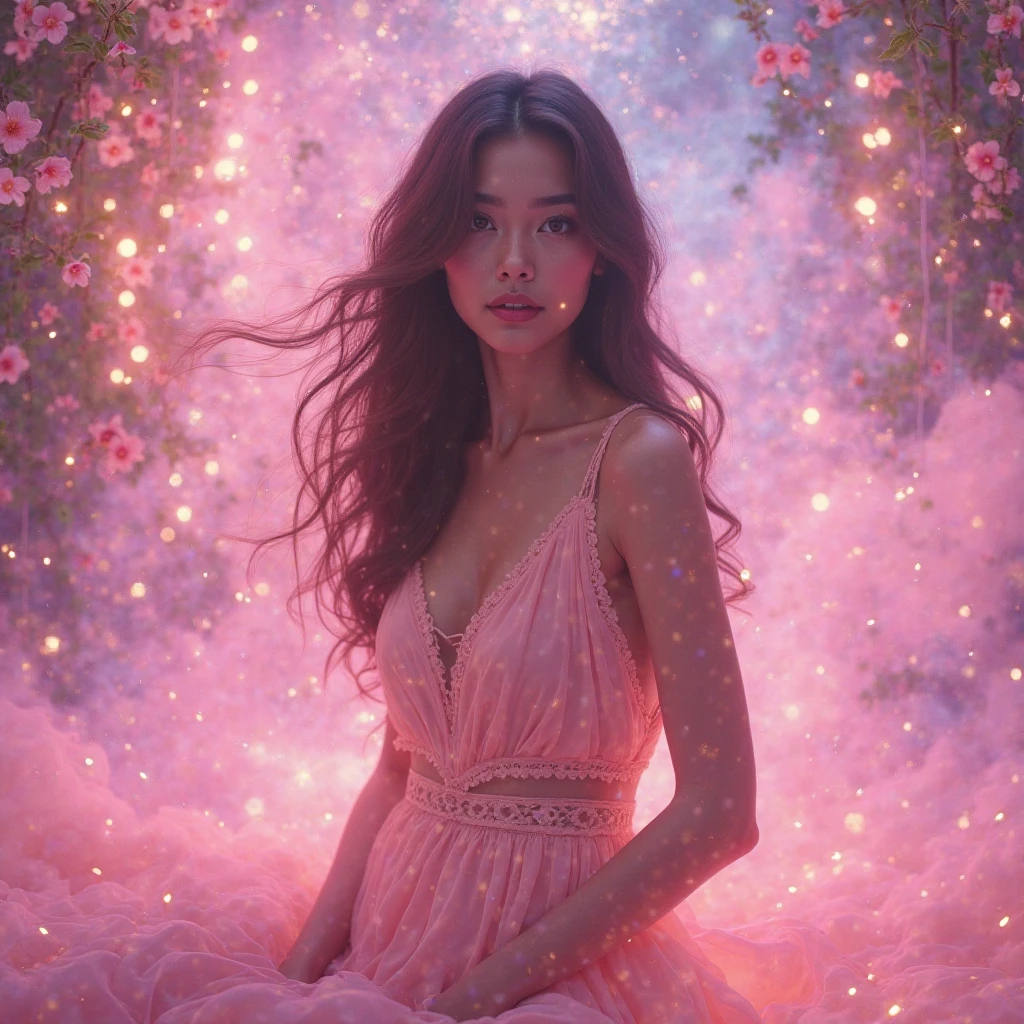 8k Beautiful Asian Woman With big tits, walking through the sakura gardens in Tokyo with a Neon Colors behind