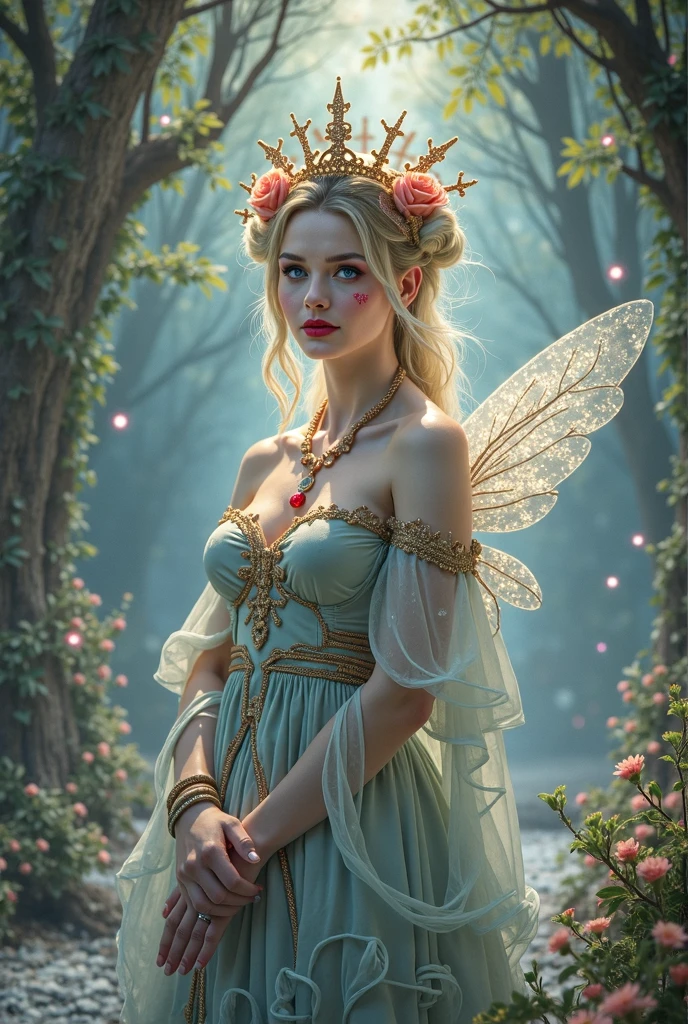 ((hyperrealistic, photorealistic, intricate details)), A beautiful blonde elf, with blue eyes, tied hair, beautiful lips, silky skin, wearing a bun, wearing a pure elven silk dress, holding a vial with a pure magical flame, surrounded of glowing fire butterflies, in an enchanted forest of magic.