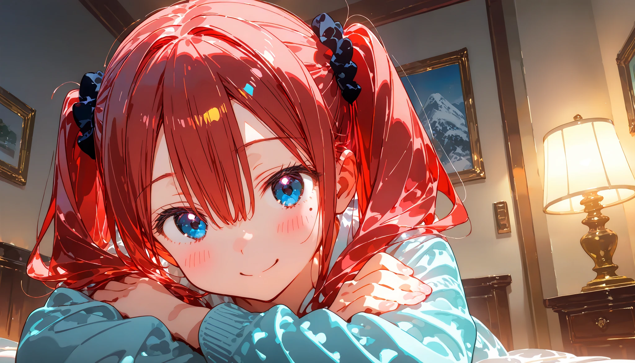 masterpiece , best quality, 1girl, high twintails, short twintails, round eyes, black scrunchie, bangs, hair between eyes, red hair, blue eyes eyes, mole under left eye, 16-year-old, Parker, looking at viewer, smiling, in the room, hyper detailed, anime, (hard-edged:1.4), golden ratio, highly saturated colors, upper body, , making a peace sign