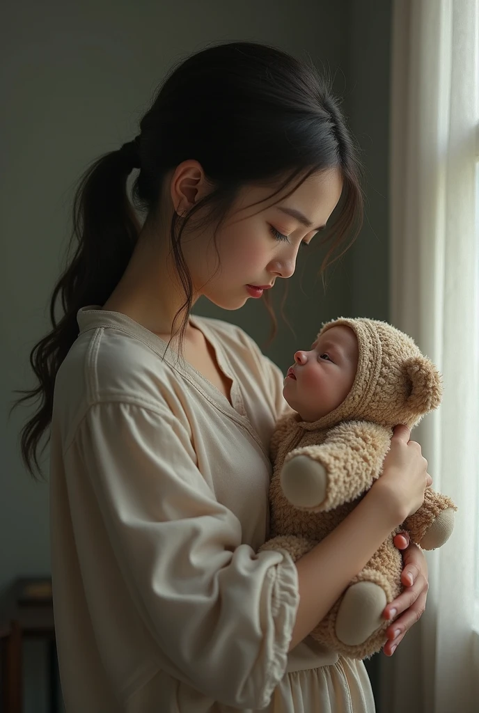 dressed in a animal costume and is sitting on his mom's lap, 1littleboy, mom is seen wearing bedtime shorts, bedroom, night time, beautiful stars, blushed cheeks, brown hair, adorable, cute, wholesome, sleeping, one night lamp emitting light, soft lights, photo realistic, ultra detailed, 1mom, 1boy, 1child, (best quality, masterpiece,)