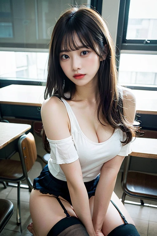 (8k, highest quality, Pieces fly:1.2)、Ultra-high resolution、anime,1 very pretty girl,Asuka Langley,Highly detailed face, Fine grain,blue eyes,,White sailor collar plain short sleeve shirt,Light blue skirt,Light Blue Suspenders,uniform_Red ribbon,Orange Hair,Long Hair、Detailed hand and fingers,put your hands in your hair,Grin、sitting on desk,Shooting from above,classroom