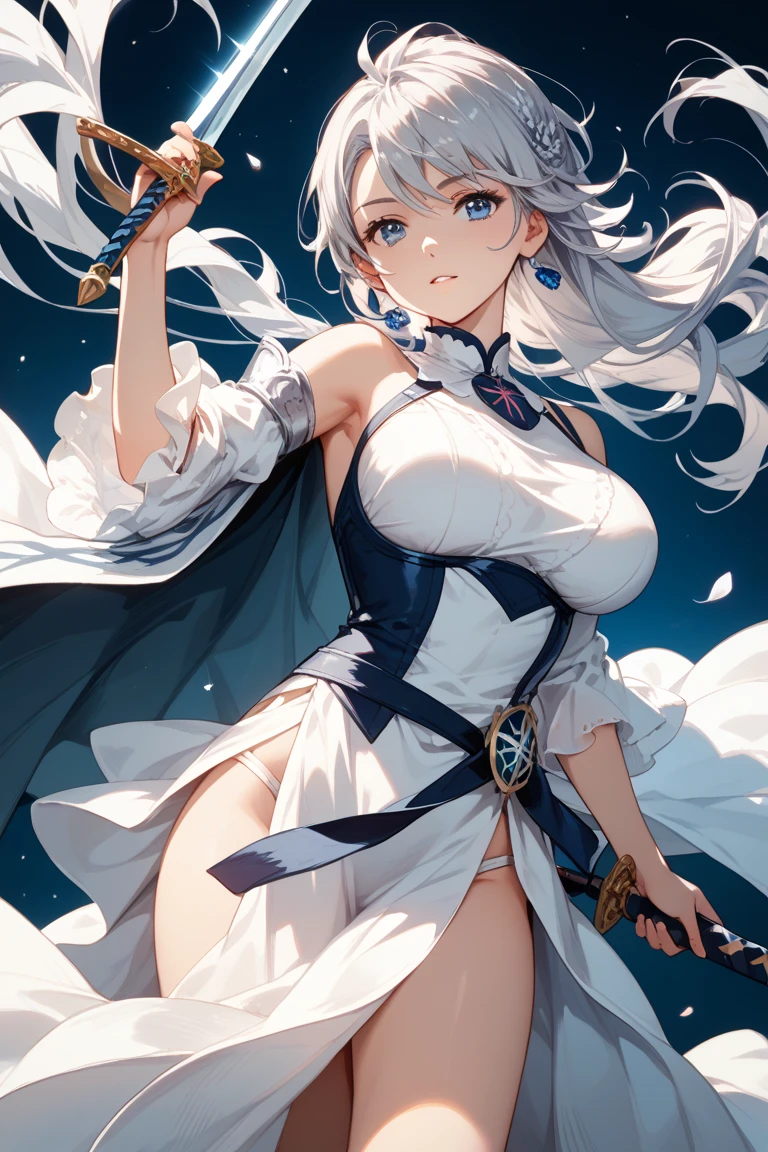 Tsundere 18 year old girl, beautiful and delicate eyes, beautiful lips, Highly detailed eyes and face, long eyelashes, 1 girl, white cat ears, long foot bag, Front view, red eyes, (top quality, 4K, 8K, high resolution, masterpiece:1.2), ultra detail, (realistic, realistic, realistic, realistic: 1.37), very large breasts, great sword, elegance, fantasy, soft lighting, white background, holding a weapon, swimsuit