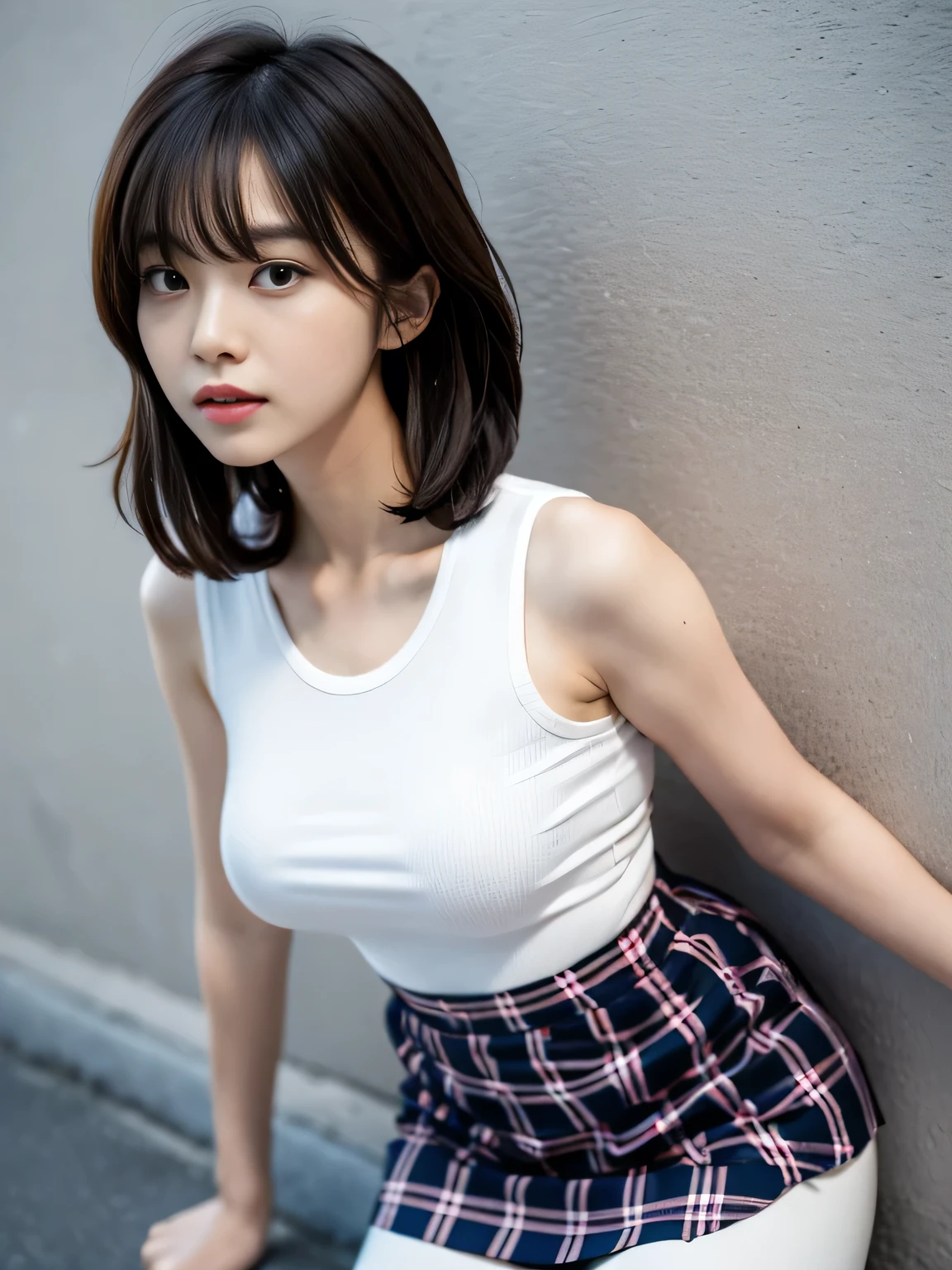 Korean Idol, cute korean model, Stylish, Beautiful Face, light brown hair, asymmetrical bangs, masterpiece, best quality, ultra-detailed, unity 8k wallpaper, hyperdetailed, realistic, sharp features, highly detailed, professional quality, Realistic, Photorealistic:1.3, perfect face, light atmosphere, hyper detailed, hyper realistic, high resolution, (looking at viewer), natural lighting, Neat clothes, (Tight fitting tops:1.2), (plaid skirt:1.2), (leaning on wall), (whole body),