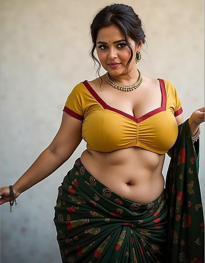 ((Indian 45 year old  milf)), standing ,curvy round cheeks, ((having big perfect round ,big thick ass,having hour glass figure)),((facing camera)), ((Wearing teal saree blouse with white pallu wrapped exposing cleavage )),((perfect round big boobs)),((black messy bun hair)),((wearing earrings and chain, bangles)),((4k quality,realistic masterpiece enhanced alluring high quality)),(voluptuous curvy body)), ((perfect hands)), ((perfect legs)), ((perfect fingers)), ((smooth skin)),((in a yatch background photoshoot)),looking at camera,sensual expression