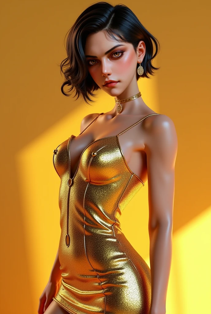 Stunning photorealistic of a beautiful teen ,wavy brown short hair in clear transparent tight shiny latex stretch tank top, glows in the latex, clear latex pants ,exposed beautiful breast, medium long body shot, dynamic, very detailed, soft and sharp focus, high definition accent lighting, contrast, street jacket, neon street sign bokeh blur background
