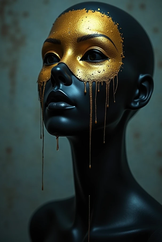 girl BLONDE CHILD, golden skull with liquid dripping on black background, caveiras douradas, tinta preta dourada pingando, dripping oil, liquid gold and black fluid, derretimento e gotejamento. estranho, liquid gold, cera fundida altamente detalhada, dripping tar, wrapped in shiny golden oil, gotejamento da pele, ouro realista, gotejando veneno, Espiral pingando ouro, ouro e metal preto