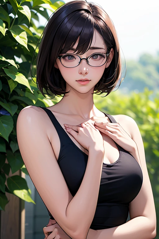 (highest quality、High resolution、detailed background、8K)、Beautiful and dense face、beautiful and smooth skin、skin texture、professional lighting、Beautiful girl in her 20s、(two women:1.2)、brown hair、bob cut、braided hairstyles、Glasses、glasses、(huge breasts:1.3)、(realistic:1.2)、perfect body line、No bra、plump nipples、warm sunshine、outdoor spot、
sexy atmosphere、Confidence and Charm、Express yourself with confidence、Charm、
Refreshing and feminine style for spring、
Sheer material is transparent and gives a light and feminine impression.、
If you want a sheer top to be the focal point, choose a simple camisole or tank top in a similar color as an inner layer.、
If you want to enjoy sheerness, pair it with an inner layer with lace or embroidery details for a subtle accent.、
For spring, choose sheer tops in pastel or bright colors to bring out the seasonal feel.、
Choose a design with a high neck or ruffles for a more feminine look.、
Pair it with a pleated skirt with many folds for an elegant and dynamic look.、
On chilly spring days, it's a good idea to wear a cardigan or a light jacket.、
We also recommend layering with a shirt or blouse made of sheer material as an outer layer.、
Add a simple necklace or earrings for a sophisticated look.、
Choosing accessories in metallic colors will give you a trendy look and add to the spring feel.、
Wear nude sandals for a light look on your feet.、
looking at me with a very happy expression、Have a slight blush、smiling、sexual expression、cute