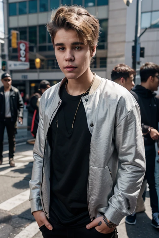 Justin Bieber adult with Orange shirt posing ✌️ with hand