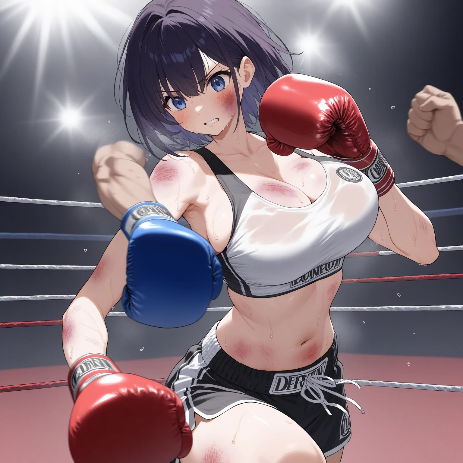 high quality, girl, Long black hair tied into a ponytail, Smile,blush,Wearing a maid outfit, Black knee socks，Wearing white boxing gloves, Standing alone in the boxing ring, Hands in boxing gloves，Throw a punch，nipple，Large Breasts