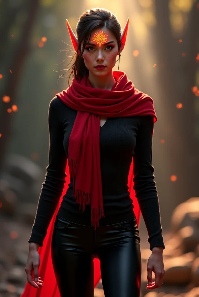 A fire elf with black leggings, a red scarf next to the waist - SeaArt AI